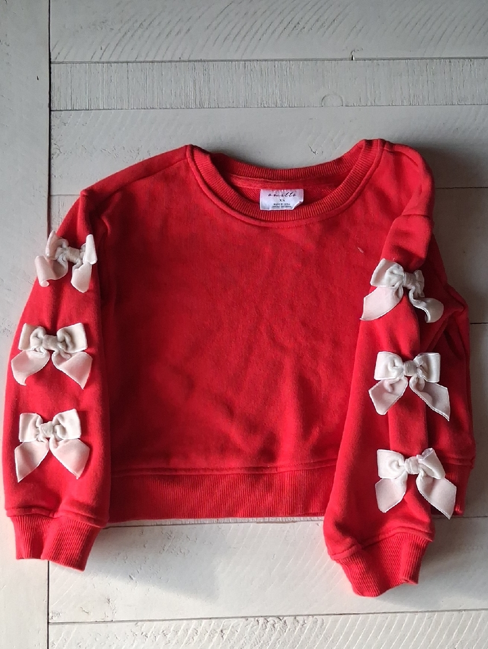 Owillo Red Girls' Sweatshirt with Cream Bow Accents - Kids Shirts & Tops  4-5T